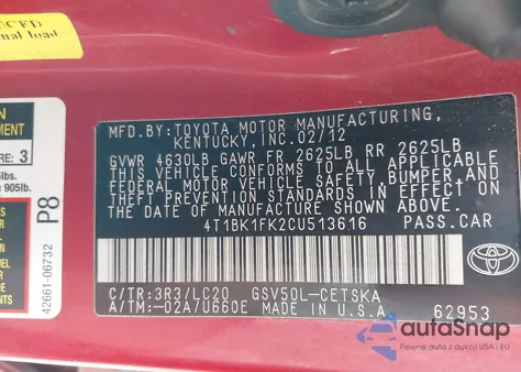 2012 Toyota Camry Se V6 from USA, damaged, VIN 4T1BK1FK2CU513616